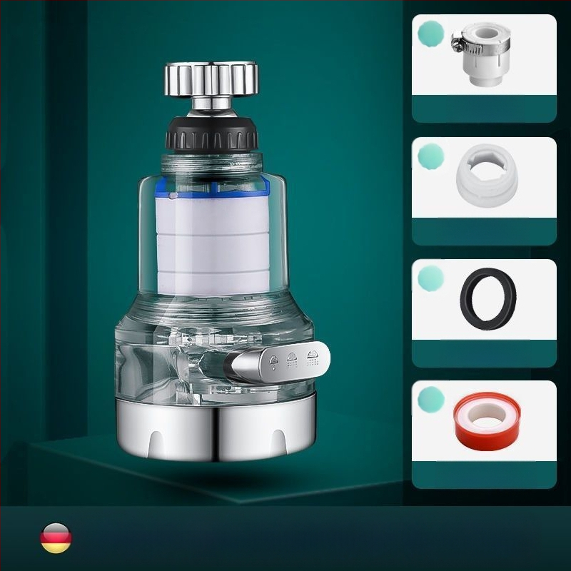 Mājas izlietnes filtrs ar trīs ātrumu universālo savienojumu, pret šļakstīšanos. Materiāls: ABS; Modelis: 22/24 mm; Pārklājums: elektroplēšana; Uzstādīšana: griežams vītņojums; Darba temperatūra: 0–80°C; Nominālais spiediens: 1 bar.