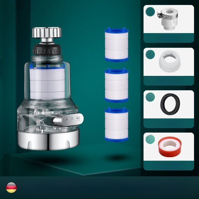 Mājas izlietnes filtrs ar trīs ātrumu universālo savienojumu, pret šļakstīšanos. Materiāls: ABS; Modelis: 22/24 mm; Pārklājums: elektroplēšana; Uzstādīšana: griežams vītņojums; Darba temperatūra: 0–80°C; Nominālais spiediens: 1 bar.