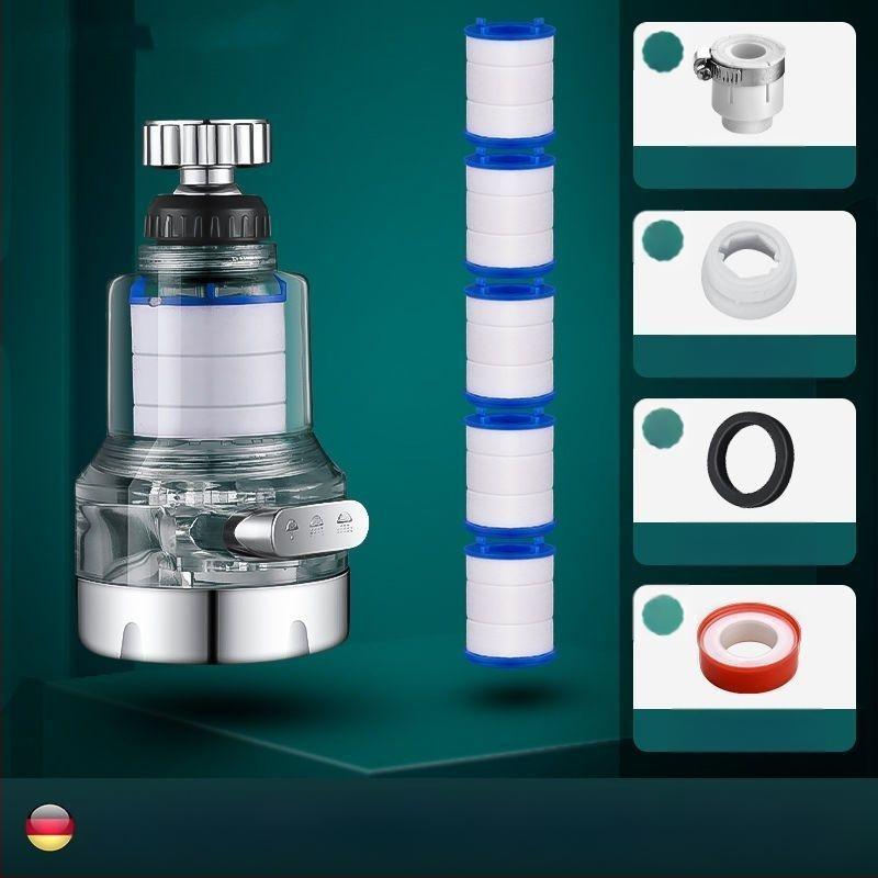 Mājas izlietnes filtrs ar trīs ātrumu universālo savienojumu, pret šļakstīšanos. Materiāls: ABS; Modelis: 22/24 mm; Pārklājums: elektroplēšana; Uzstādīšana: griežams vītņojums; Darba temperatūra: 0–80°C; Nominālais spiediens: 1 bar.