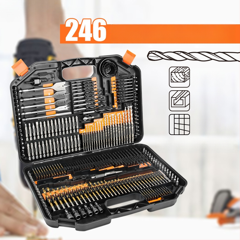 Многофункционален комплект спирални свредла за дърво и строителство; подходящ за керамични плочки и стъкло; включва бит за отвертка и разширител