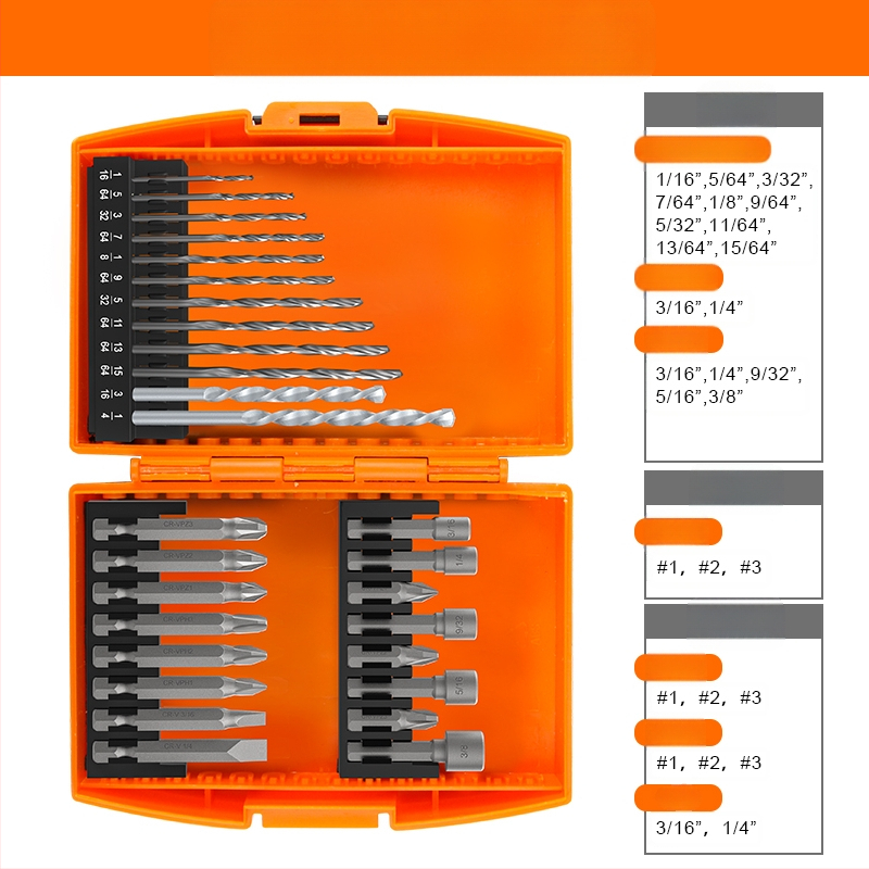 Многофункционален комплект спирални свредла за дърво и строителство; подходящ за керамични плочки и стъкло; включва бит за отвертка и разширител