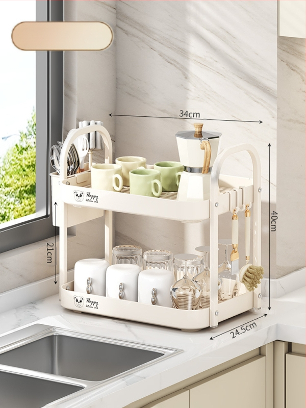 Ράφι αποθήκευσης φλυτζανιών για γραφείο, διπλού επιπέδου δίσκος αποστράγγισης, μεταλλικό, μοντέλο 1, μονόχρωμο στυλ