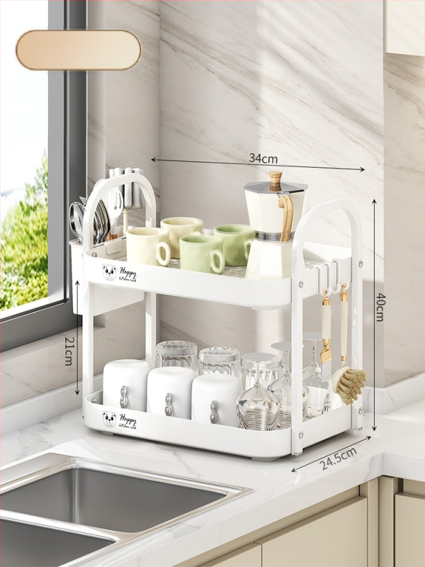 Ράφι αποθήκευσης φλυτζανιών για γραφείο, διπλού επιπέδου δίσκος αποστράγγισης, μεταλλικό, μοντέλο 1, μονόχρωμο στυλ