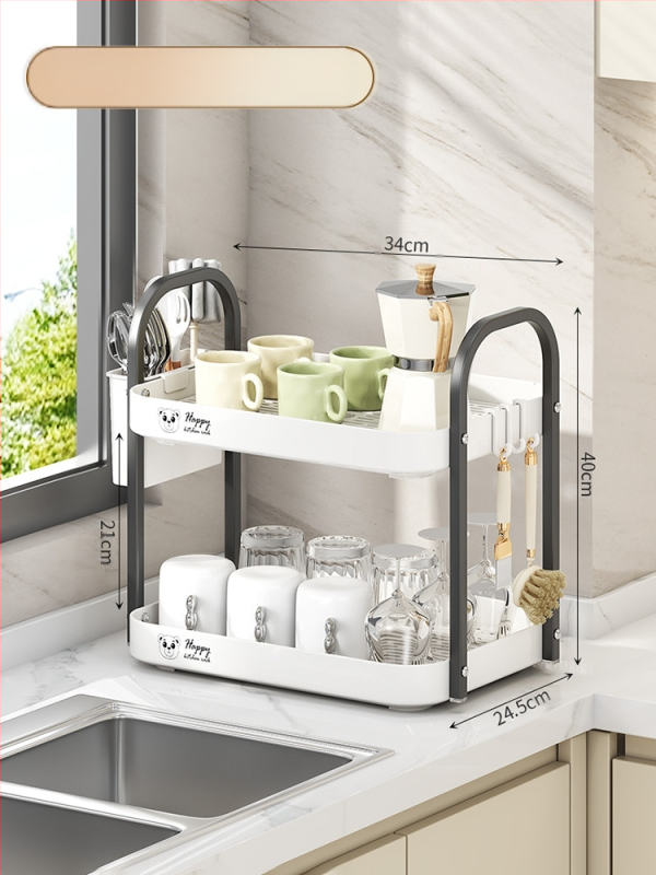 Ράφι αποθήκευσης φλυτζανιών για γραφείο, διπλού επιπέδου δίσκος αποστράγγισης, μεταλλικό, μοντέλο 1, μονόχρωμο στυλ