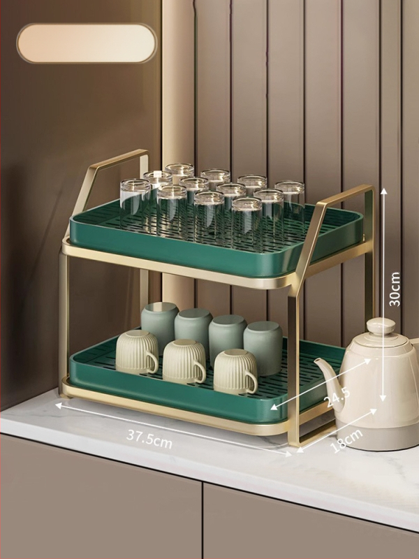 Ράφι αποθήκευσης φλυτζανιών για γραφείο, διπλού επιπέδου δίσκος αποστράγγισης, μεταλλικό, μοντέλο 1, μονόχρωμο στυλ