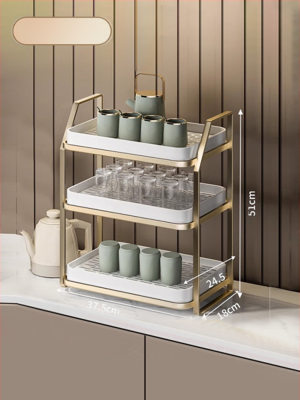 Ράφι αποθήκευσης φλυτζανιών για γραφείο, διπλού επιπέδου δίσκος αποστράγγισης, μεταλλικό, μοντέλο 1, μονόχρωμο στυλ