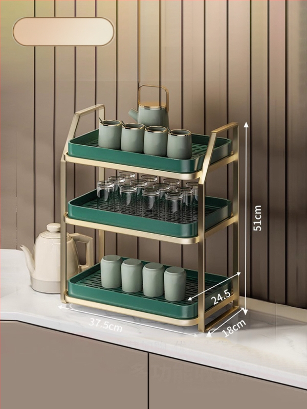 Ράφι αποθήκευσης φλυτζανιών για γραφείο, διπλού επιπέδου δίσκος αποστράγγισης, μεταλλικό, μοντέλο 1, μονόχρωμο στυλ