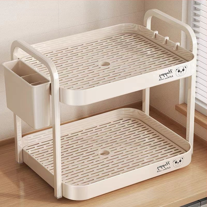 Ράφι αποθήκευσης φλυτζανιών για γραφείο, διπλού επιπέδου δίσκος αποστράγγισης, μεταλλικό, μοντέλο 1, μονόχρωμο στυλ