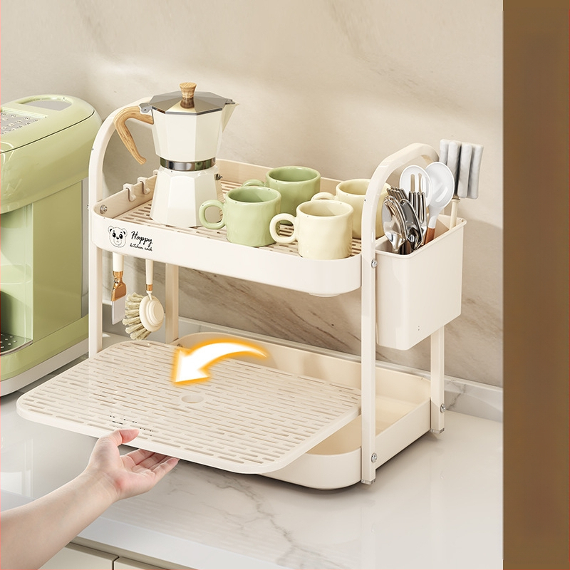 Ράφι αποθήκευσης φλυτζανιών για γραφείο, διπλού επιπέδου δίσκος αποστράγγισης, μεταλλικό, μοντέλο 1, μονόχρωμο στυλ