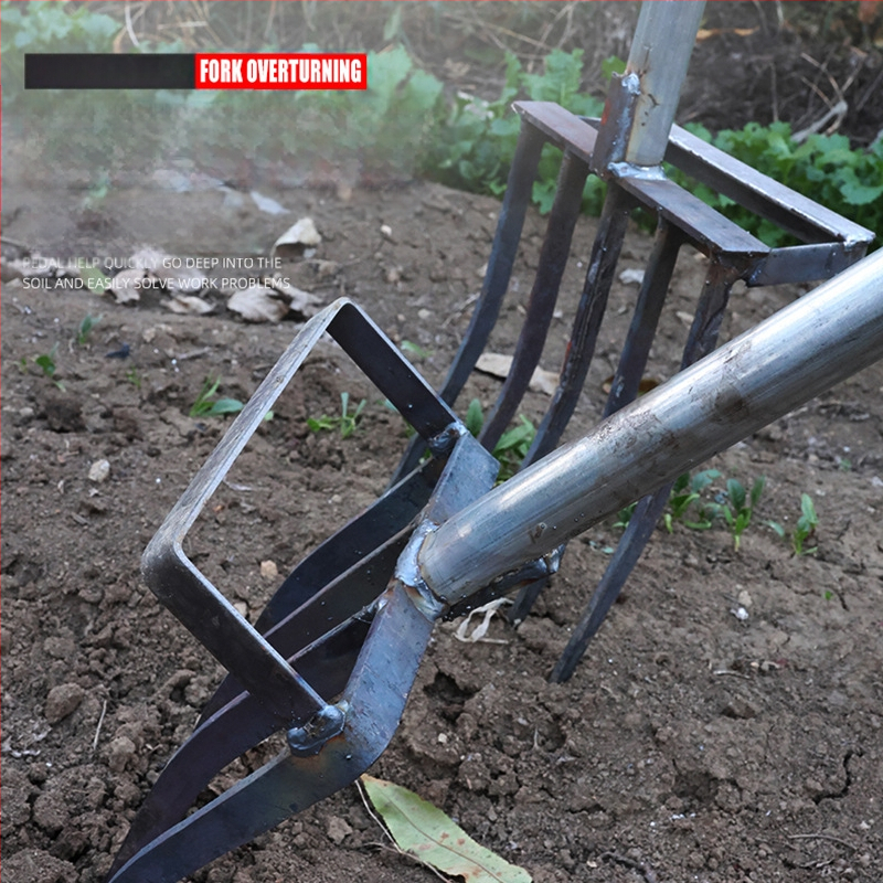 Keturių dantų mangano plieno žemės atlaisvinimo šakutė, viengubio integruoto dizaino, aukšta kietumas, skirta svogūnams, česnakams ir imbierui