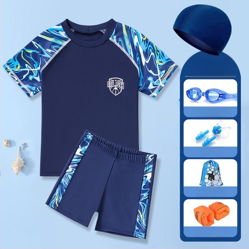 Двучастков детски плувен костюм за момчета – къс ръкав и шорти, плат Nylon и Полиестер