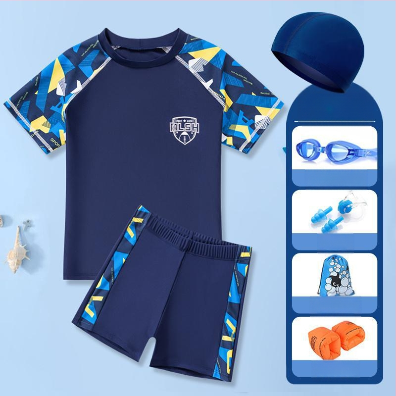 Двучастков детски плувен костюм за момчета – къс ръкав и шорти, плат Nylon и Полиестер