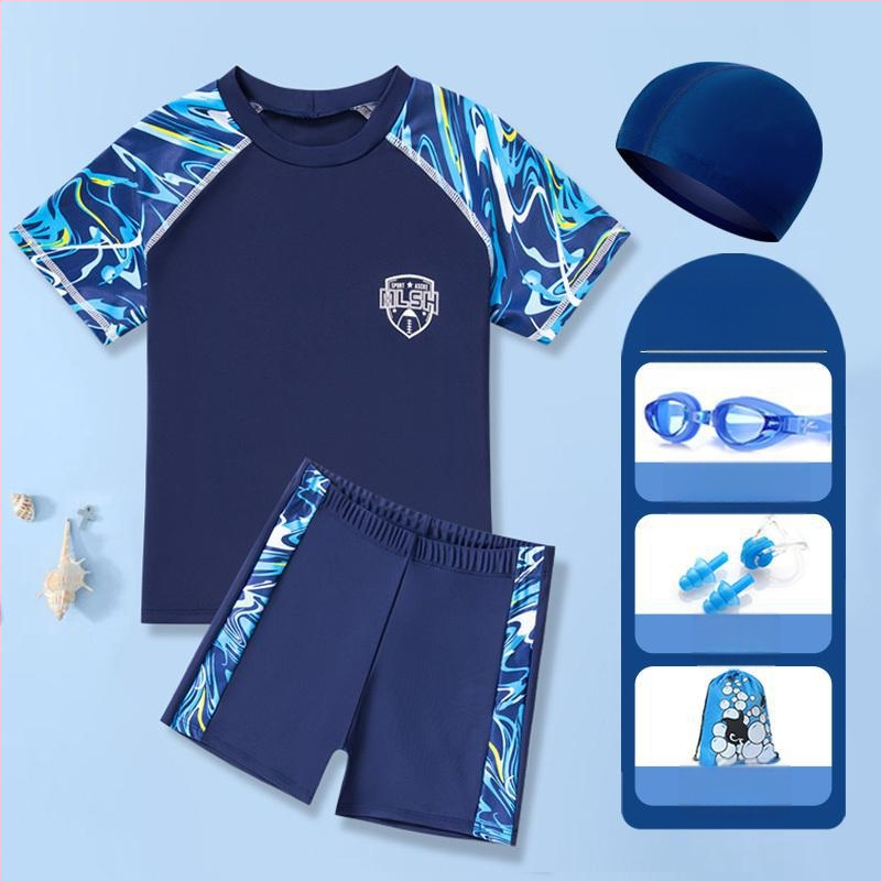 Двучастков детски плувен костюм за момчета – къс ръкав и шорти, плат Nylon и Полиестер