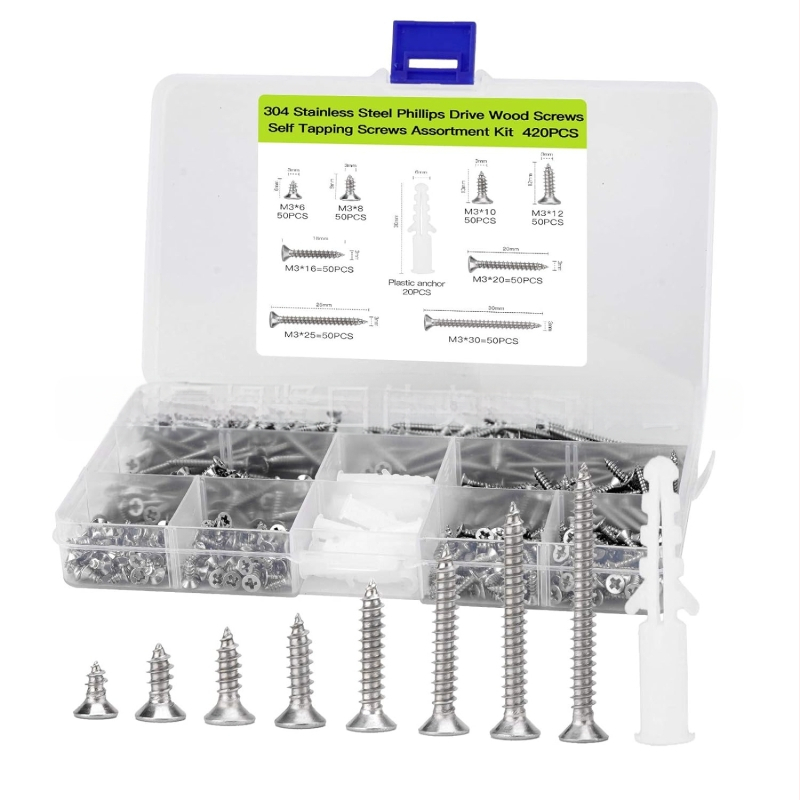Комплект самонарезни винтове в кутия, 304 неръждаема стомана, глава потъваща, стандарт GB/YB 846, за гипсокартон и дърво, 570 броя/815 броя