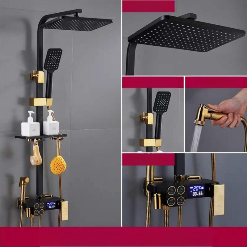 Dušo komplektas su vario korpusu, kvadratinio formos, sieninis tvirtinimas, funkcijos: purškimas, temperatūros reguliavimas, lietaus režimas; keturi lygiai išmaniai pastoviai temperatūrai su skaitmeniniu ekranu