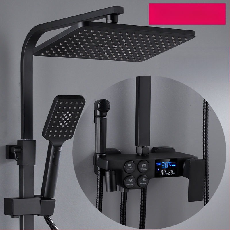 Dušo komplektas su vario korpusu, kvadratinio formos, sieninis tvirtinimas, funkcijos: purškimas, temperatūros reguliavimas, lietaus režimas; keturi lygiai išmaniai pastoviai temperatūrai su skaitmeniniu ekranu