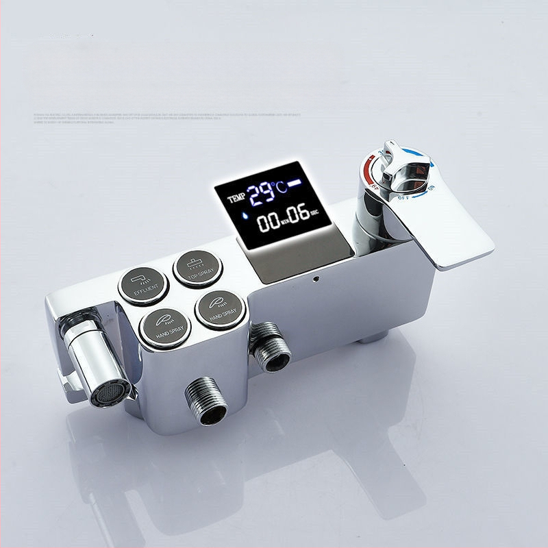 Dušo komplektas su vario korpusu, kvadratinio formos, sieninis tvirtinimas, funkcijos: purškimas, temperatūros reguliavimas, lietaus režimas; keturi lygiai išmaniai pastoviai temperatūrai su skaitmeniniu ekranu