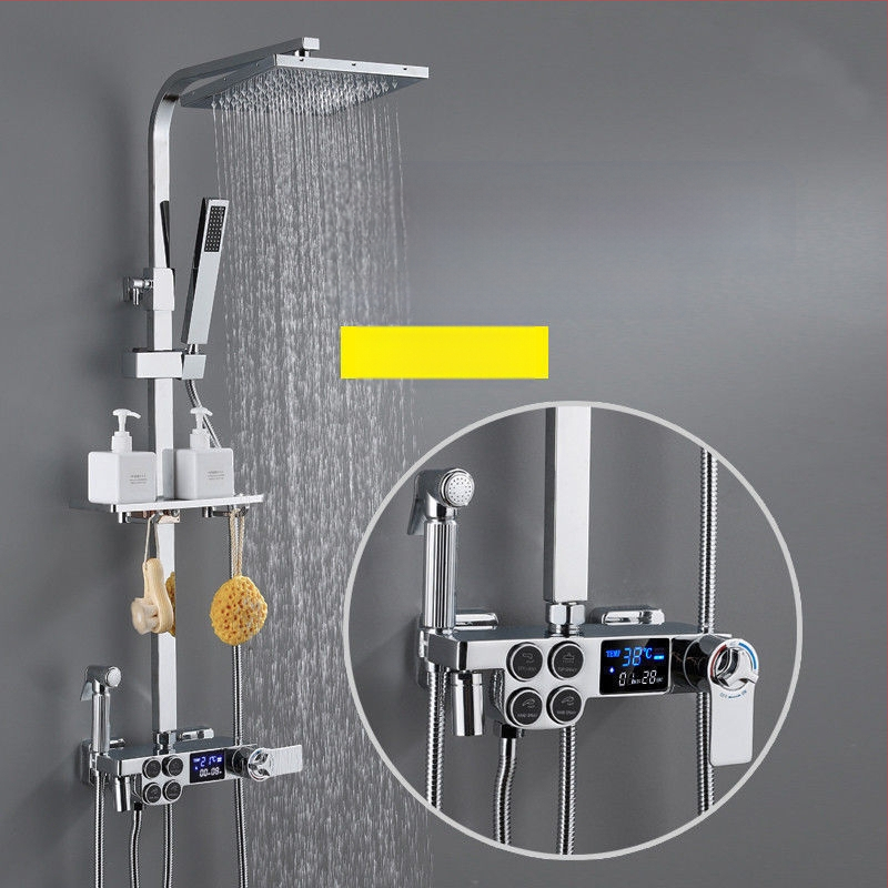 Dušo komplektas su vario korpusu, kvadratinio formos, sieninis tvirtinimas, funkcijos: purškimas, temperatūros reguliavimas, lietaus režimas; keturi lygiai išmaniai pastoviai temperatūrai su skaitmeniniu ekranu