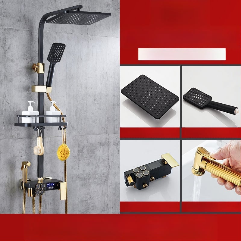 Dušo komplektas su vario korpusu, kvadratinio formos, sieninis tvirtinimas, funkcijos: purškimas, temperatūros reguliavimas, lietaus režimas; keturi lygiai išmaniai pastoviai temperatūrai su skaitmeniniu ekranu