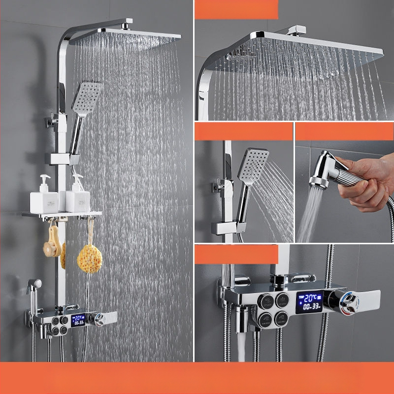 Dušo komplektas su vario korpusu, kvadratinio formos, sieninis tvirtinimas, funkcijos: purškimas, temperatūros reguliavimas, lietaus režimas; keturi lygiai išmaniai pastoviai temperatūrai su skaitmeniniu ekranu