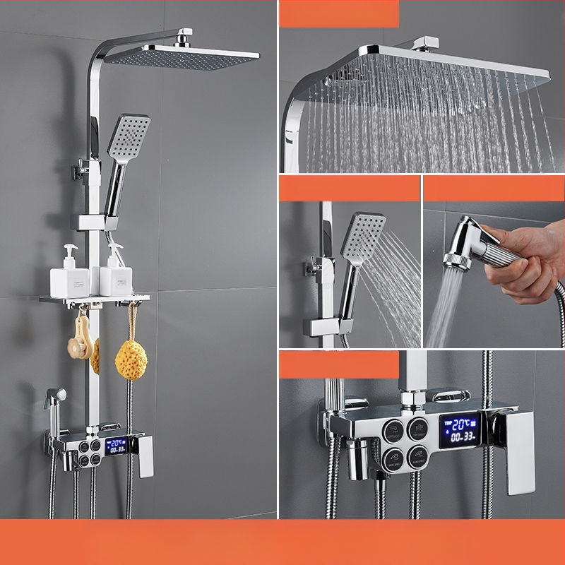 Dušo komplektas su vario korpusu, kvadratinio formos, sieninis tvirtinimas, funkcijos: purškimas, temperatūros reguliavimas, lietaus režimas; keturi lygiai išmaniai pastoviai temperatūrai su skaitmeniniu ekranu