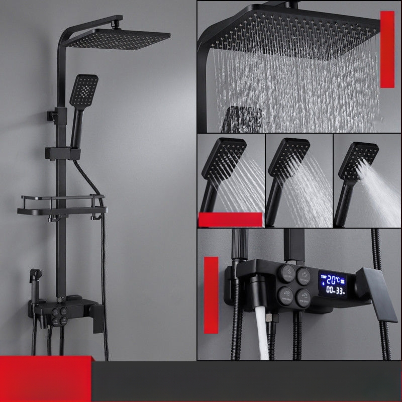Dušo komplektas su vario korpusu, kvadratinio formos, sieninis tvirtinimas, funkcijos: purškimas, temperatūros reguliavimas, lietaus režimas; keturi lygiai išmaniai pastoviai temperatūrai su skaitmeniniu ekranu