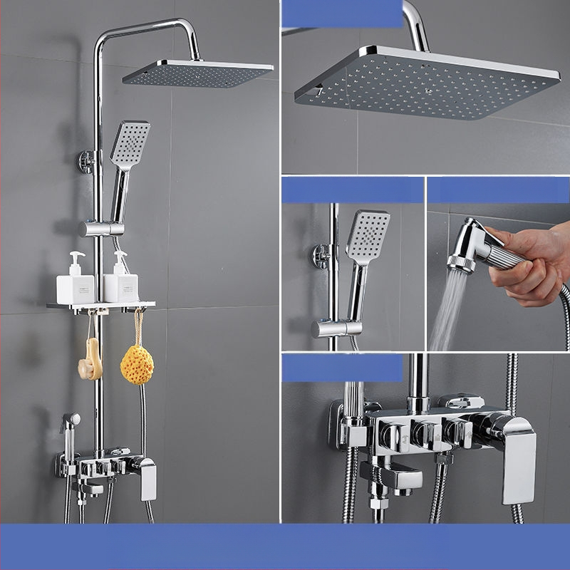 Dušo komplektas su vario korpusu, kvadratinio formos, sieninis tvirtinimas, funkcijos: purškimas, temperatūros reguliavimas, lietaus režimas; keturi lygiai išmaniai pastoviai temperatūrai su skaitmeniniu ekranu