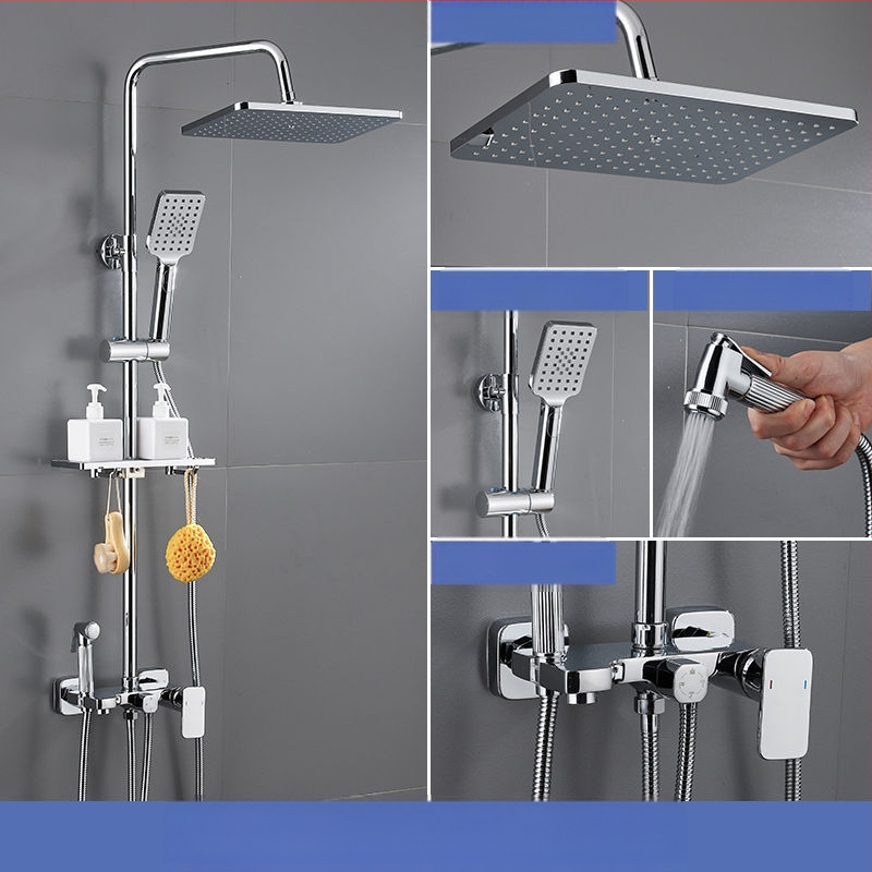 Dušo komplektas su vario korpusu, kvadratinio formos, sieninis tvirtinimas, funkcijos: purškimas, temperatūros reguliavimas, lietaus režimas; keturi lygiai išmaniai pastoviai temperatūrai su skaitmeniniu ekranu