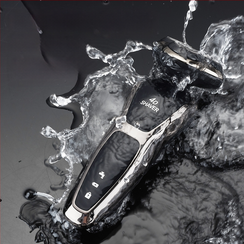 Elektrinis skutimosi prietaisas vyrams su rotuojančia 3 dyglių galvute, įmontuota 500–800 mAh baterija, bešepetėlis variklis, įkraunamas, plaunamas visam kūnui, LED ekranas, plaukianti galvutė