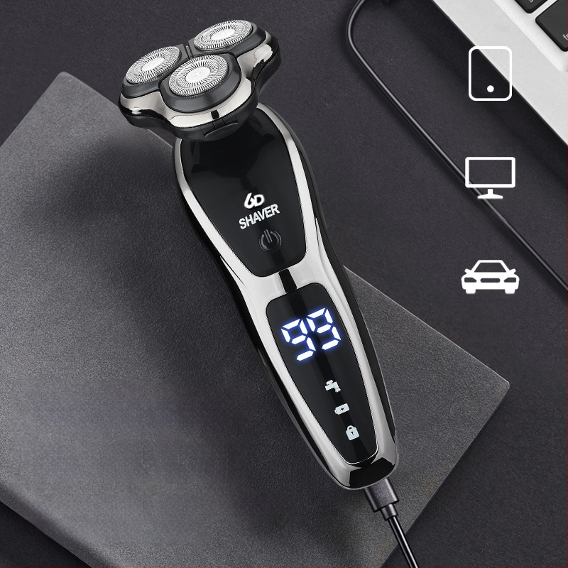 Elektrinis skutimosi prietaisas vyrams su rotuojančia 3 dyglių galvute, įmontuota 500–800 mAh baterija, bešepetėlis variklis, įkraunamas, plaunamas visam kūnui, LED ekranas, plaukianti galvutė