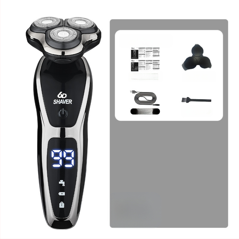 Elektrinis skutimosi prietaisas vyrams su rotuojančia 3 dyglių galvute, įmontuota 500–800 mAh baterija, bešepetėlis variklis, įkraunamas, plaunamas visam kūnui, LED ekranas, plaukianti galvutė