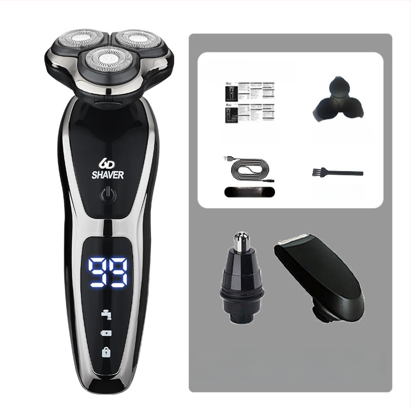 Elektrinis skutimosi prietaisas vyrams su rotuojančia 3 dyglių galvute, įmontuota 500–800 mAh baterija, bešepetėlis variklis, įkraunamas, plaunamas visam kūnui, LED ekranas, plaukianti galvutė