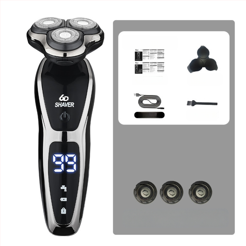 Elektrinis skutimosi prietaisas vyrams su rotuojančia 3 dyglių galvute, įmontuota 500–800 mAh baterija, bešepetėlis variklis, įkraunamas, plaunamas visam kūnui, LED ekranas, plaukianti galvutė