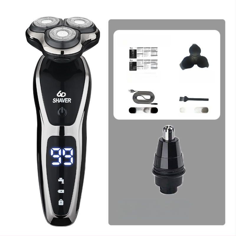 Elektrinis skutimosi prietaisas vyrams su rotuojančia 3 dyglių galvute, įmontuota 500–800 mAh baterija, bešepetėlis variklis, įkraunamas, plaunamas visam kūnui, LED ekranas, plaukianti galvutė