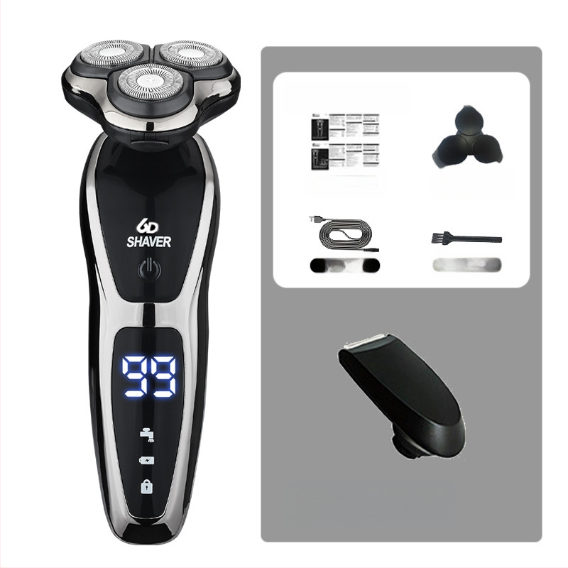 Elektrinis skutimosi prietaisas vyrams su rotuojančia 3 dyglių galvute, įmontuota 500–800 mAh baterija, bešepetėlis variklis, įkraunamas, plaunamas visam kūnui, LED ekranas, plaukianti galvutė