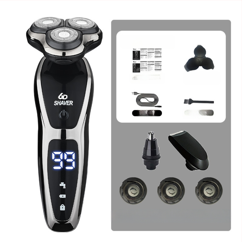 Elektrinis skutimosi prietaisas vyrams su rotuojančia 3 dyglių galvute, įmontuota 500–800 mAh baterija, bešepetėlis variklis, įkraunamas, plaunamas visam kūnui, LED ekranas, plaukianti galvutė