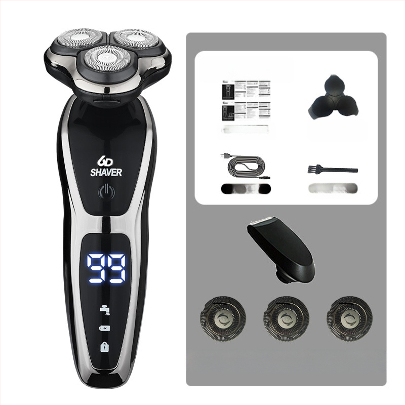 Elektrinis skutimosi prietaisas vyrams su rotuojančia 3 dyglių galvute, įmontuota 500–800 mAh baterija, bešepetėlis variklis, įkraunamas, plaunamas visam kūnui, LED ekranas, plaukianti galvutė