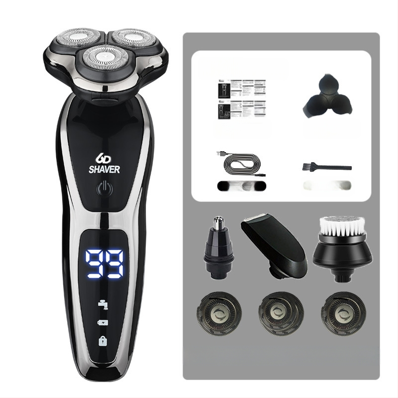 Elektrinis skutimosi prietaisas vyrams su rotuojančia 3 dyglių galvute, įmontuota 500–800 mAh baterija, bešepetėlis variklis, įkraunamas, plaunamas visam kūnui, LED ekranas, plaukianti galvutė