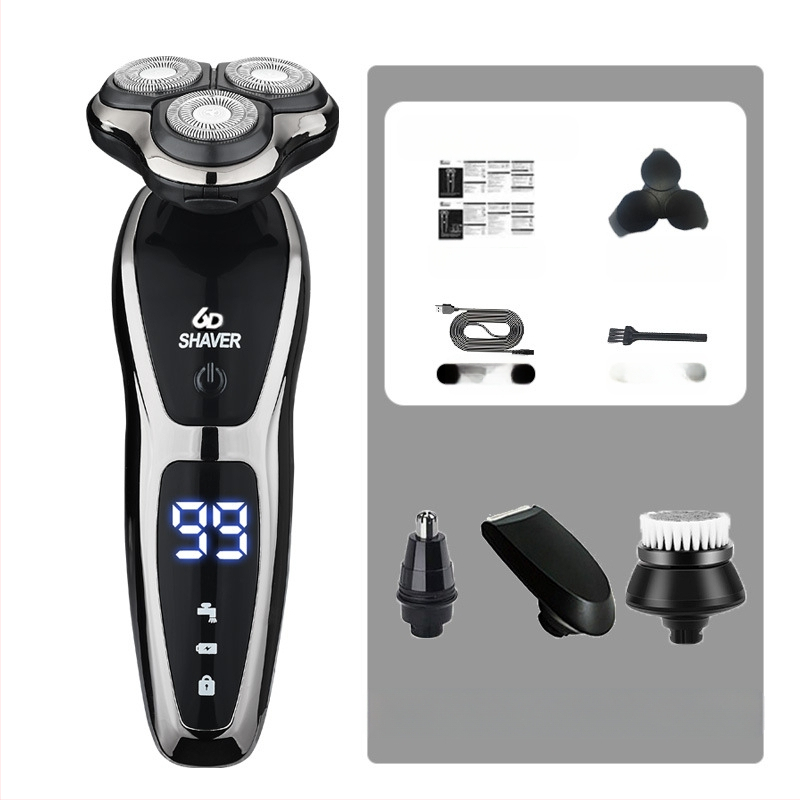 Elektrinis skutimosi prietaisas vyrams su rotuojančia 3 dyglių galvute, įmontuota 500–800 mAh baterija, bešepetėlis variklis, įkraunamas, plaunamas visam kūnui, LED ekranas, plaukianti galvutė