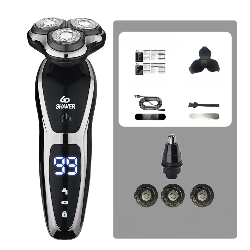 Elektrinis skutimosi prietaisas vyrams su rotuojančia 3 dyglių galvute, įmontuota 500–800 mAh baterija, bešepetėlis variklis, įkraunamas, plaunamas visam kūnui, LED ekranas, plaukianti galvutė