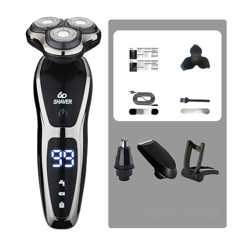 Elektrinis skutimosi prietaisas vyrams su rotuojančia 3 dyglių galvute, įmontuota 500–800 mAh baterija, bešepetėlis variklis, įkraunamas, plaunamas visam kūnui, LED ekranas, plaukianti galvutė