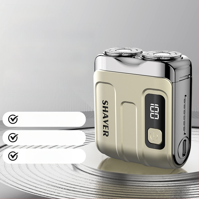 Mini hordozható elektromos borotva lebegő vágófejjel és forgó kétélű fejjel (beépített 300–500 mAh akkumulátor, 60 perc működési idő, brushless motor)