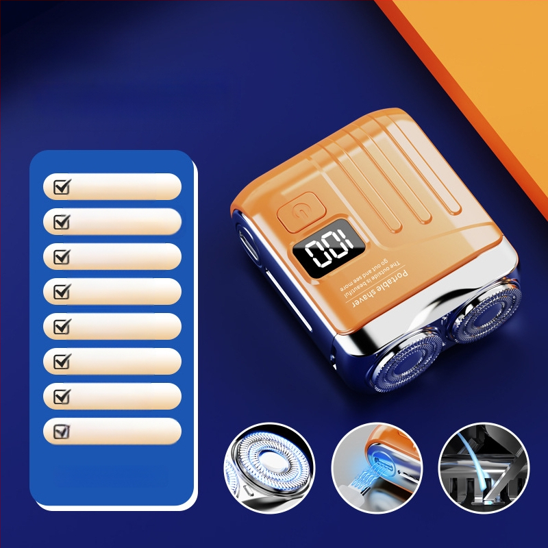 Mini hordozható elektromos borotva lebegő vágófejjel és forgó kétélű fejjel (beépített 300–500 mAh akkumulátor, 60 perc működési idő, brushless motor)