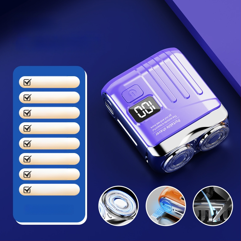 Mini hordozható elektromos borotva lebegő vágófejjel és forgó kétélű fejjel (beépített 300–500 mAh akkumulátor, 60 perc működési idő, brushless motor)