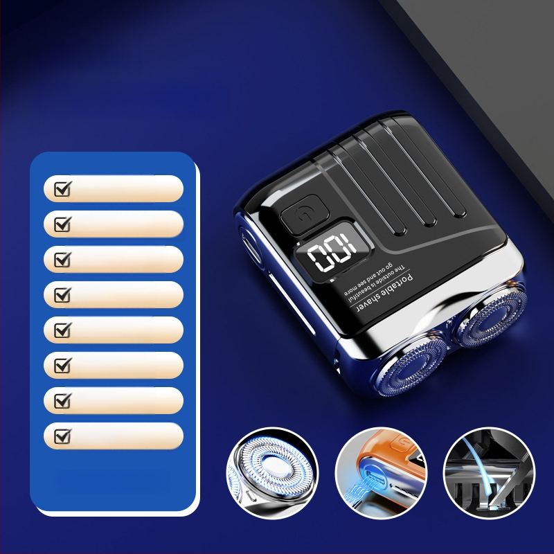 Mini hordozható elektromos borotva lebegő vágófejjel és forgó kétélű fejjel (beépített 300–500 mAh akkumulátor, 60 perc működési idő, brushless motor)