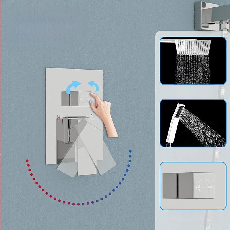 Dušo komplektas su paslėptu sienos montavimu, vario medžiaga, kvadratinė forma, modelis FH-47, masažo ir lietaus funkcijos