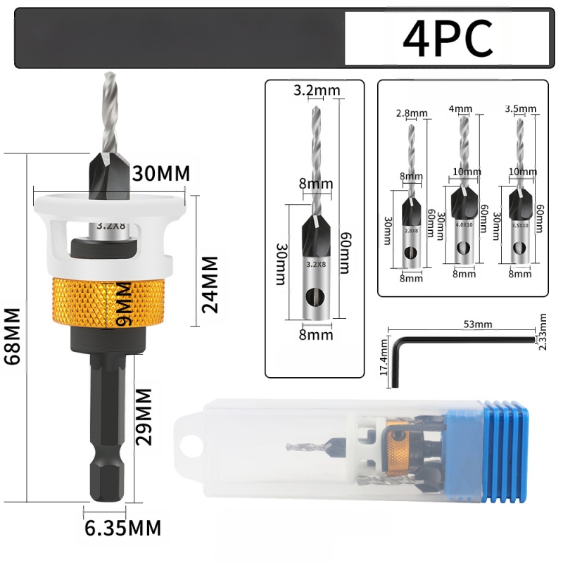 Бур за конусовидни отвори с четири лопатки, глава от сплав, регулируема дълбочина, стъпков дизайн