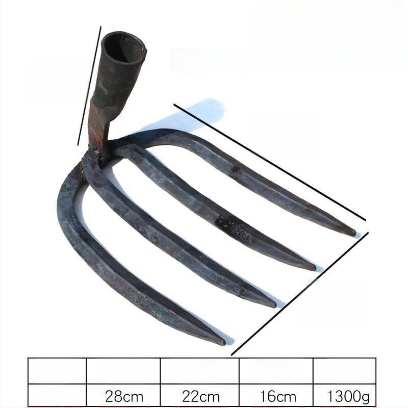 Keturių dantų kaltas plieninis grėblys daržo žemei laisvinti ir daržininkystei