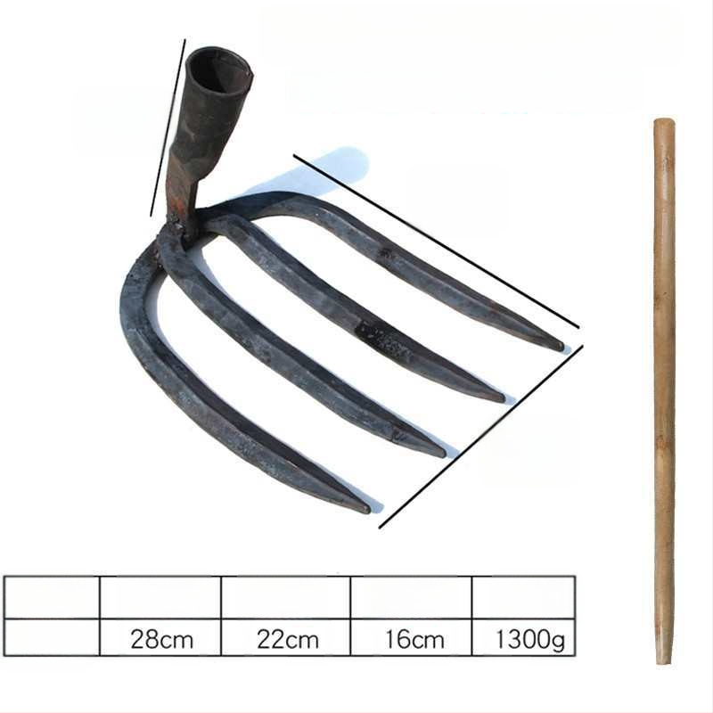 Keturių dantų kaltas plieninis grėblys daržo žemei laisvinti ir daržininkystei