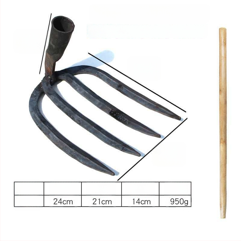 Keturių dantų kaltas plieninis grėblys daržo žemei laisvinti ir daržininkystei